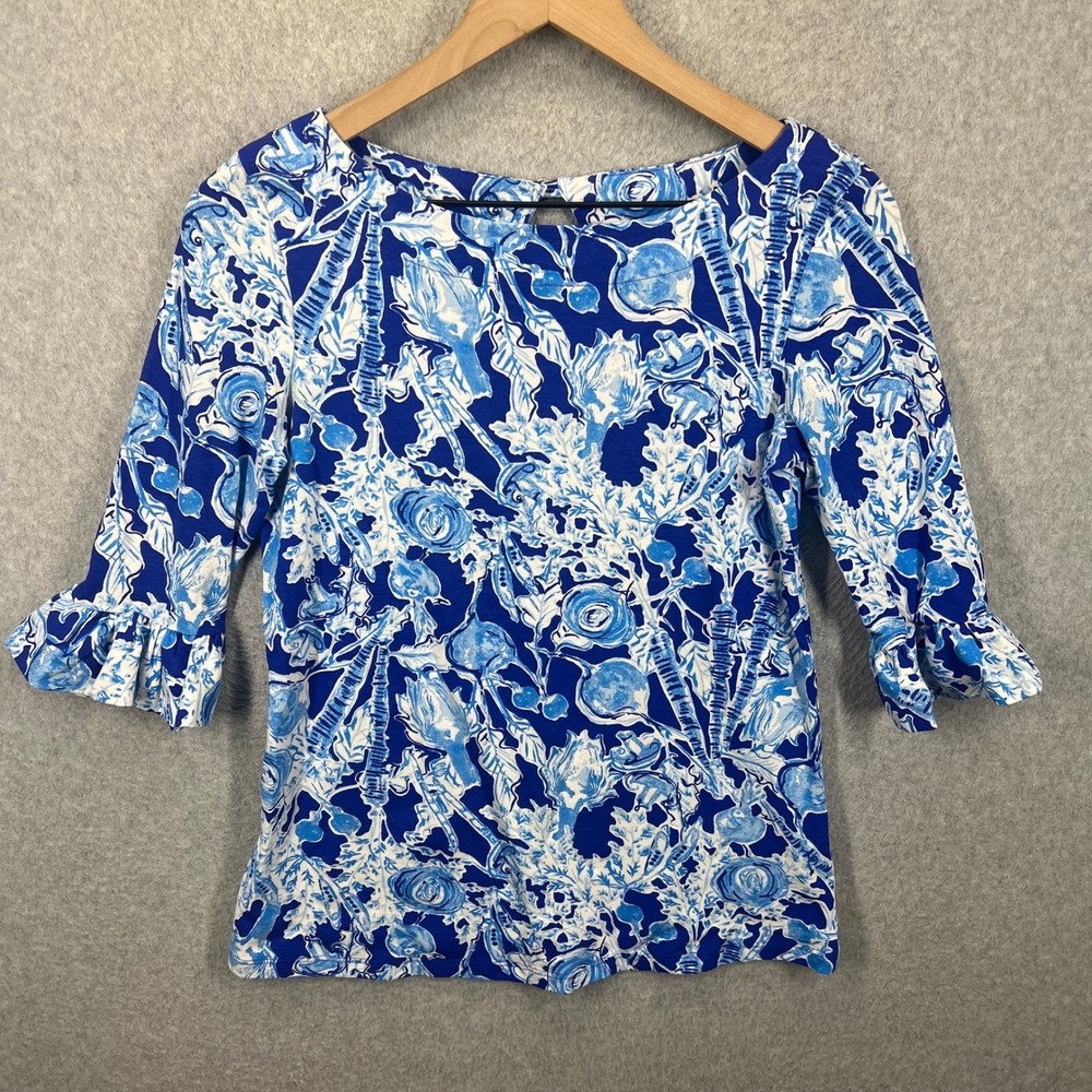 Lilly Pulitzer Waverly Top Women XS Blue Floral Ruffle 3/4 Sleeve Boat Neck Knit